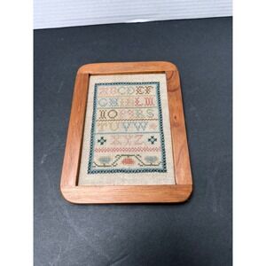 Vintage Framed Cross Stitch Alphabet Sampler Wood Frame Pastel Nursery Decor